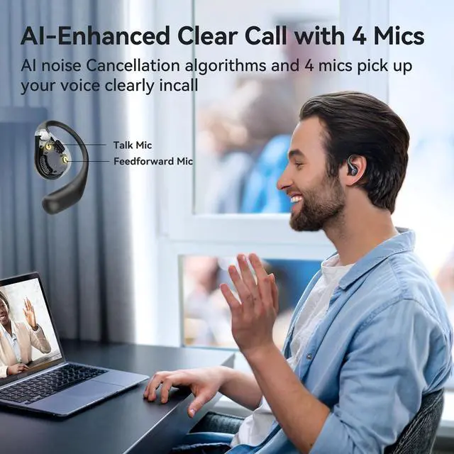 Alt view image 4 of 7 - EarFun OpenJump Open Ear Headphones, Wireless Earbuds with Ergonomic Earhook, Hi-Res Sound, LDAC, 4 Mics ENC Call, 42H Playtime, Multipoint Connection, IPX7 Waterproof, Snug Fit for Workout, Running
