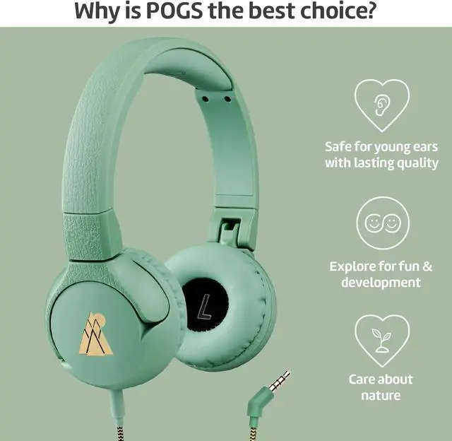 Alt view image 7 of 7 - POGS Kids Wired Headphones | The Elephant 2 | Adjustable, Durable Headphones for Kids 3+ | Limited to 85 dB, Microphone | On-Ear | Music-Sharing Function Safe 3.5mm Audio Cable (3.2ft) (rGreen)