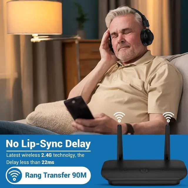 Alt view image 2 of 7 - ROSIDA Wireless Headphones for TV Watching with Transmitter, TV Headphones Wireless for Seniors 295FT Range with Optical, AUX, RCA and USB Way, High Volume Control, Long Playtime, No Delay, Black