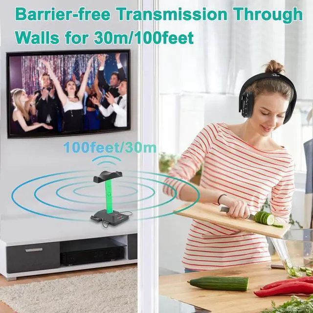 Alt view image 2 of 7 - WallarGe Dual Wireless Headphones for TV Watching with RF Transmitter, Bluetooth Over-On Ear TV Headphones Wireless for Seniors, No Lip-Sync Delay, Plug & Play. Set of Two