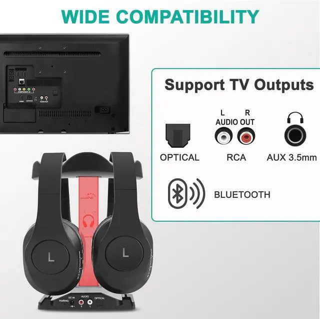 Alt view image 6 of 7 - WallarGe Dual Wireless Headphones for TV Watching with RF Transmitter, Bluetooth Over-On Ear TV Headphones Wireless for Seniors, No Lip-Sync Delay, Plug & Play. Set of Two