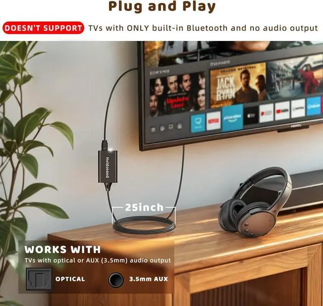 Alt view image 7 of 7 - Holdsound Wireless Headphones for TV Watching, TV Headphones Wireless for Seniors with USB Transmitter, 25hrs, No Lip-Sync Delay, Plug and Play, Gifts for Elderly, Black