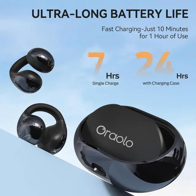 Alt view image 5 of 7 - Oraolo Open Ear AC600 Headphones, Bluetooth 5.4 Wireless Earbuds with HiFi Stereo, Clip-On Earbuds with ENC Clear Call, 21H Playtime, Touch Control, IPX6 Waterproof Wireless Headphones for Workout