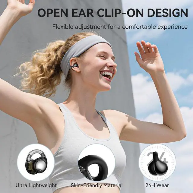 Alt view image 7 of 7 - Oraolo Open Ear AC600 Headphones, Bluetooth 5.4 Wireless Earbuds with HiFi Stereo, Clip-On Earbuds with ENC Clear Call, 21H Playtime, Touch Control, IPX6 Waterproof Wireless Headphones for Workout
