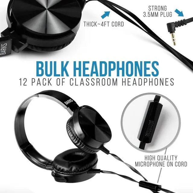 Alt view image 2 of 6 - Barks Classroom Headphones with Microphone (12 Pack, Ink) - Upgraded On-Ear Bulk Headphones for School: Best for Students K-12 Classrooms (Inline Microphone, Good Recording Quality)