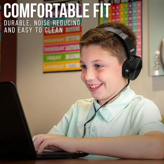 Alt view image 5 of 6 - Barks Classroom Headphones with Microphone (12 Pack, Ink) - Upgraded On-Ear Bulk Headphones for School: Best for Students K-12 Classrooms (Inline Microphone, Good Recording Quality)
