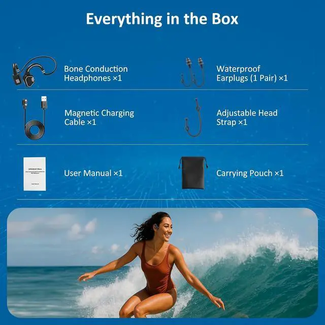 Alt view image 6 of 7 - Bone Conduction Swimming Headphones - IP68 Waterproof Open-Ear Bluetooth 5.3 with 32GB MP3 Player, Underwater Sport Headphones for Swim, Workout, Running, Cycling, Blue