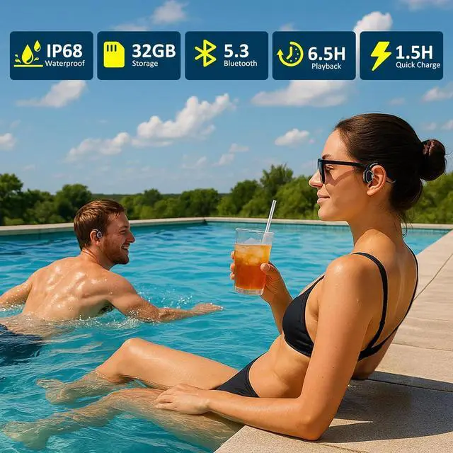 Alt view image 7 of 7 - Bone Conduction Swimming Headphones - IP68 Waterproof Open-Ear Bluetooth 5.3 with 32GB MP3 Player, Underwater Sport Headphones for Swim, Workout, Running, Cycling, Blue