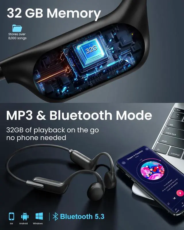 Alt view image 7 of 7 - Waterproof Swimming Headphones IPX8, Bone Conduction Underwater Headphones with MP3 Player 32GB Memory, Bluetooth 5.3 Wireless Open-Ear for Swimming Running Cycling Gym