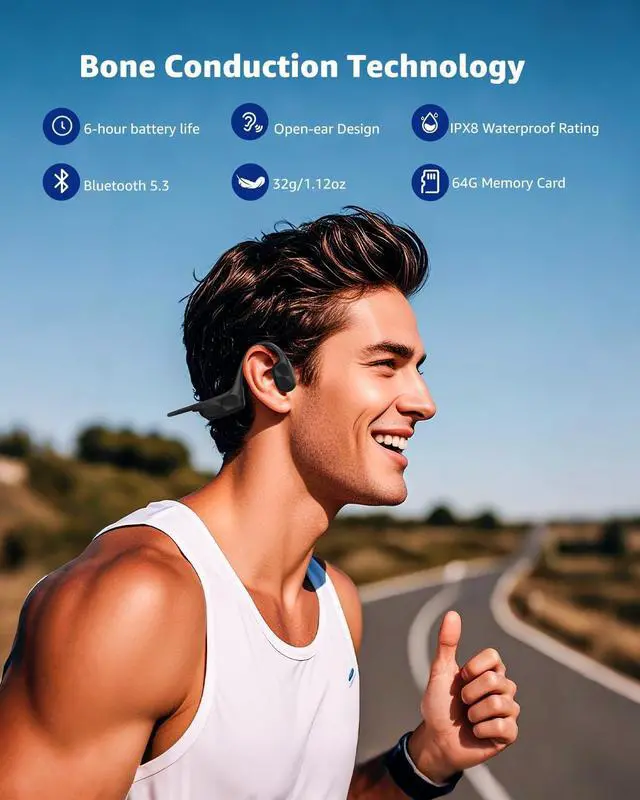 Alt view image 2 of 6 - ANOUV Bone Conduction Headphone Wireless Headphone Built-in 64GB MP3, IPX8 Waterproof Swimming Open Ear Headphones with Mic,Bluetooth 5.3 Sports Earphone Black