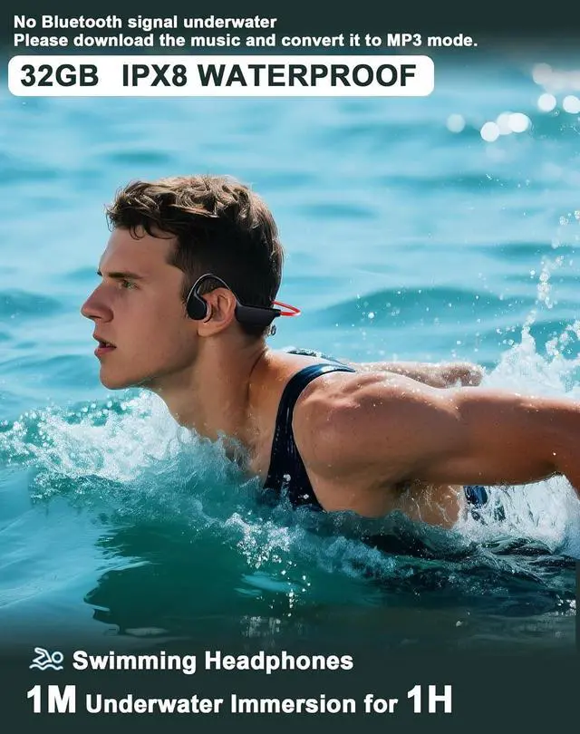 Alt view image 4 of 7 - Swimming Waterproof Bone Conduction Headphones Bluetooth 5.3 lPX8 Underwater Waterproof Headphones for Swimming with 32GB MP3 Player Built in Earbuds for Sport Running Cycling Gym (Redblack)