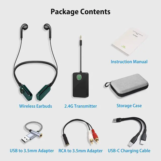 Alt view image 6 of 7 - Wireless TV Headphones, 2 Modes Bluetooth & 2.4G Neckband Earbuds with Transmitter, USB & RCA Adapters, 100FT Range, No Audio Delay, 30H Battery Life, Plug & Play