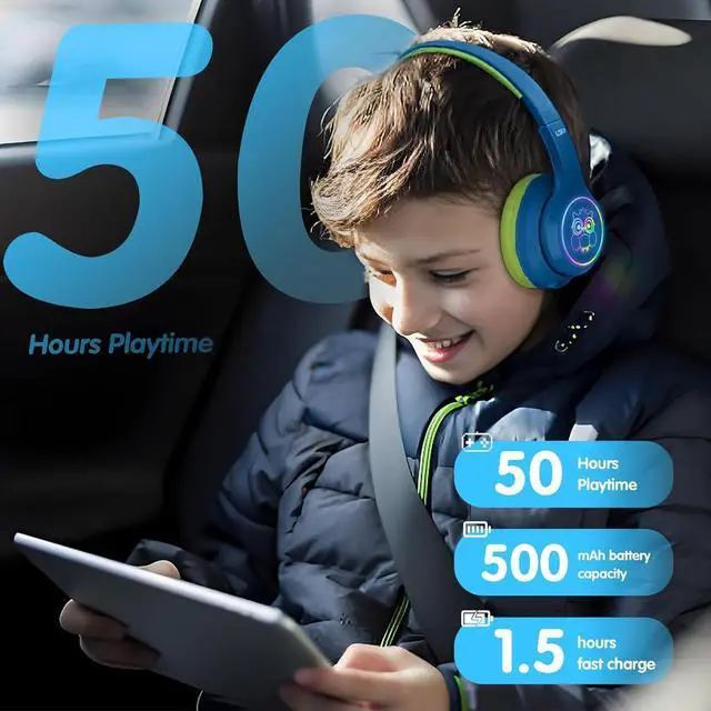 Alt view image 5 of 7 - LOBKIN Active Noise Cancelling Headphones for Kids,Bluetooth 5.4,Kids Headphones Wireless with Mic 50H Playtime AUX Cord Safe Volume Limited Foldable for Boy Girl Travel/School/iPad(with LED Lights)