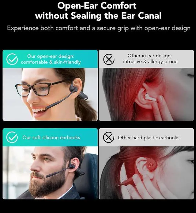 Alt view image 2 of 7 - NUROUM OpenEar Pro Headphones with Mic, ENC Noise Cancelling Microphone, Bluetooth 5.3 Multi-Point Connection, Sweatproof Wireless Headset for Work, 15H Comfort for Driving, Office, Workout OW20B-C