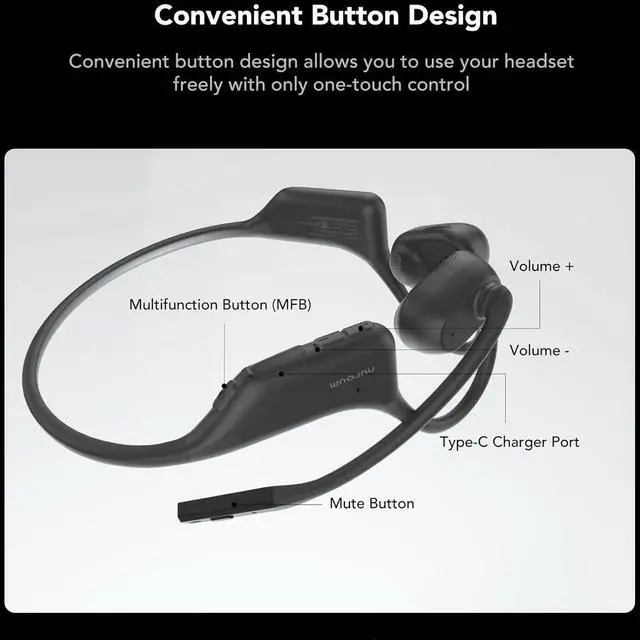 Alt view image 4 of 7 - NUROUM OpenEar Pro Headphones with Mic, ENC Noise Cancelling Microphone, Bluetooth 5.3 Multi-Point Connection, Sweatproof Wireless Headset for Work, 15H Comfort for Driving, Office, Workout OW20B-C