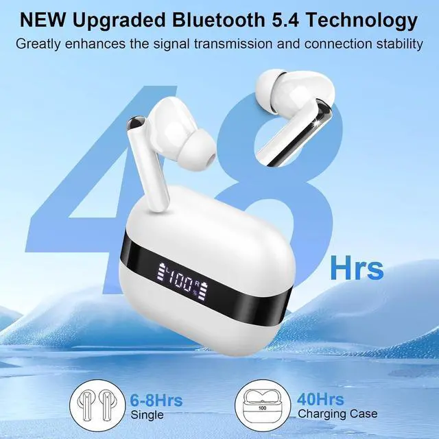 Alt view image 4 of 7 - Wireless Earbuds, 2025 Bluetooth 5.4 Headphones Bass Stereo, Ear Buds with 4 Mics ENC Noise Cancelling, Bluetooth Earbuds 48H Playtime LED Display Charging Case, IP7 Waterproof in Ear Earphones, White