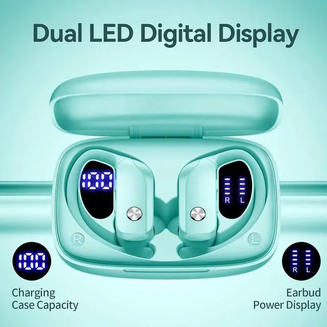 Alt view image 3 of 7 - 2 Sets Wireless Earbuds Bluetooth Headphones 48hrs Play Back Sport Earphones with LED Display Over-Ear Buds with Earhooks Built-in Mic Headset for Workout Mint Green+Green