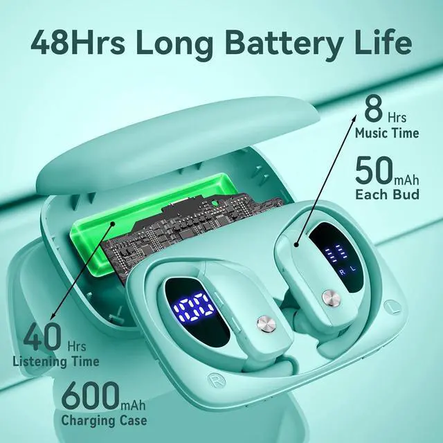 Alt view image 4 of 7 - 2 Sets Wireless Earbuds Bluetooth Headphones 48hrs Play Back Sport Earphones with LED Display Over-Ear Buds with Earhooks Built-in Mic Headset for Workout Mint Green+Green
