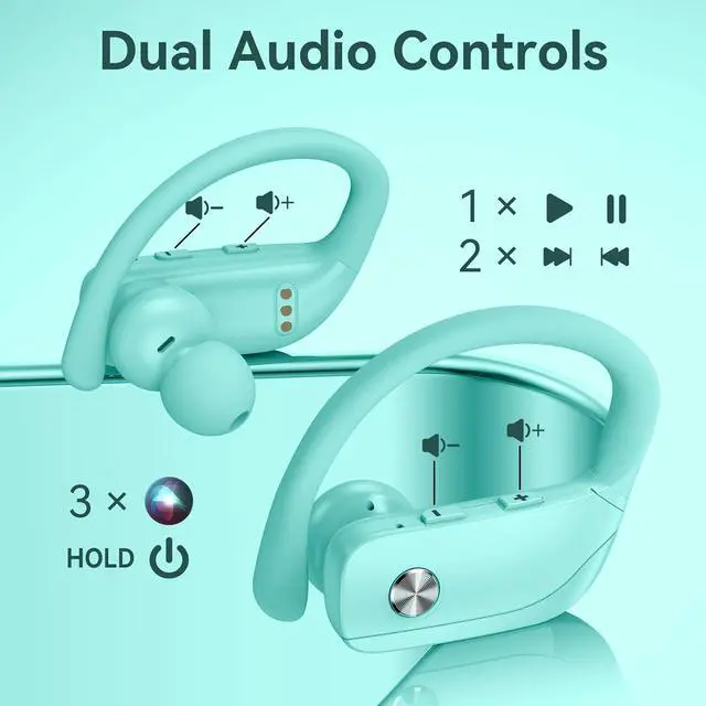 Alt view image 6 of 7 - 2 Sets Wireless Earbuds Bluetooth Headphones 48hrs Play Back Sport Earphones with LED Display Over-Ear Buds with Earhooks Built-in Mic Headset for Workout Black + Mint Green