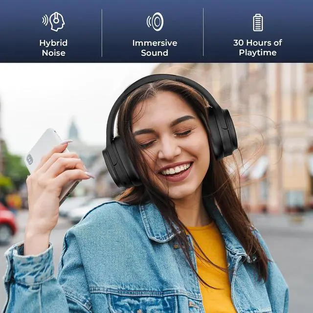 Alt view image 2 of 6 - MOVSSOU Hybrid Active Noise Cancelling Headphones, Bluetooth Headphones Wireless Over Ear Headphones with Microphone, Deep Bass, Memory Foam Ear Cushions, 30 Hrs for Travel/Office/Home Black