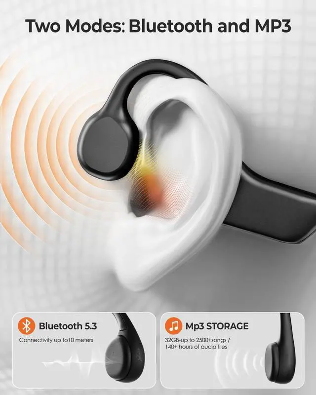 Alt view image 3 of 7 - Bone Conduction Headphones - Swimming, Wireless Bluetooth, MP3 Mode 2 in 1, 10 H Battery Power, Fast Charging, IPX8 Waterproof for Sports