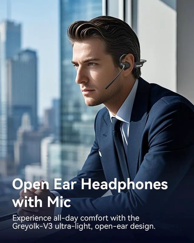 Alt view image 2 of 7 - Open Ear Headphones with Mic, Bluetooth Headset with AI Noise Cancellation Microphone Air Conduction Headphones Bluetooth 5.4 Wireless Headset with Mic for Work Call Meeting Driving SportsBlack