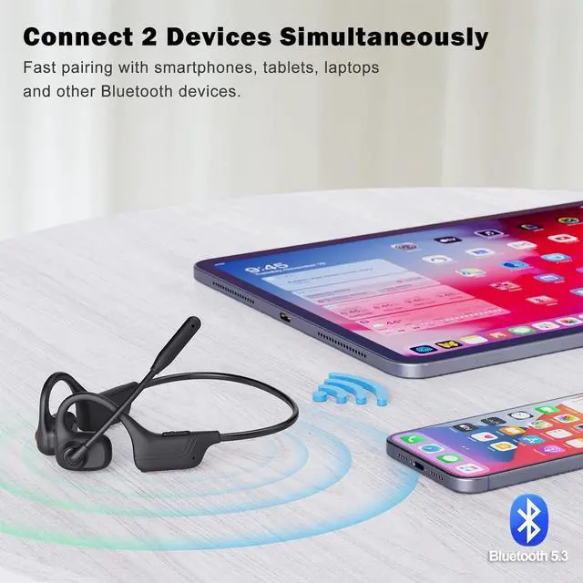 Alt view image 5 of 7 - Open Ear Headphones with Mic, Bluetooth Wireless Headset with Microphone, Multipoint Connect Bluetooth 5.3 Headphone, Sweatproof Wireless Headset for Work, Driving, Running, Workouts
