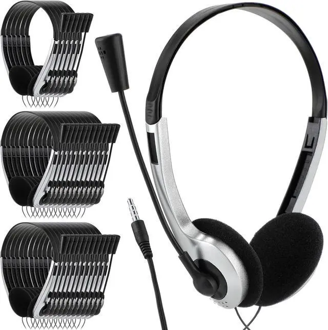Main image of Yunsailing 30 Pack Classroom Headphones with Microphone Kids School Student Headphones Bulk Class Set Lightweight Adjustable Earphones on Ear with 3.5 mm Jack (Silver)