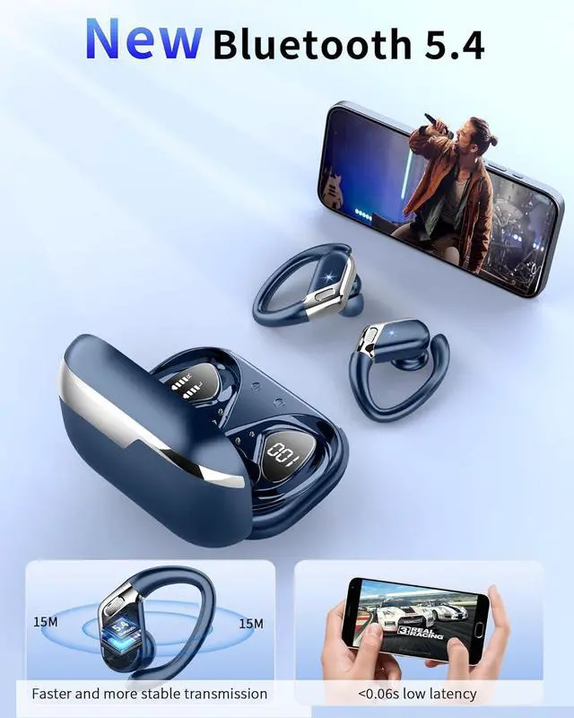Alt view image 2 of 7 - Wireless Earbuds, Bluetooth 5.4 headphones Sport Stereo Bass, 50 Playback Over-Ear Buds with ENC Noise Cancelling Mic, Earphones with Earhooks, IP7 Waterproof Fitness Headset for Running Workout Gym