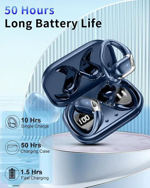 Alt view image 3 of 7 - Wireless Earbuds, Bluetooth 5.4 headphones Sport Stereo Bass, 50 Playback Over-Ear Buds with ENC Noise Cancelling Mic, Earphones with Earhooks, IP7 Waterproof Fitness Headset for Running Workout Gym