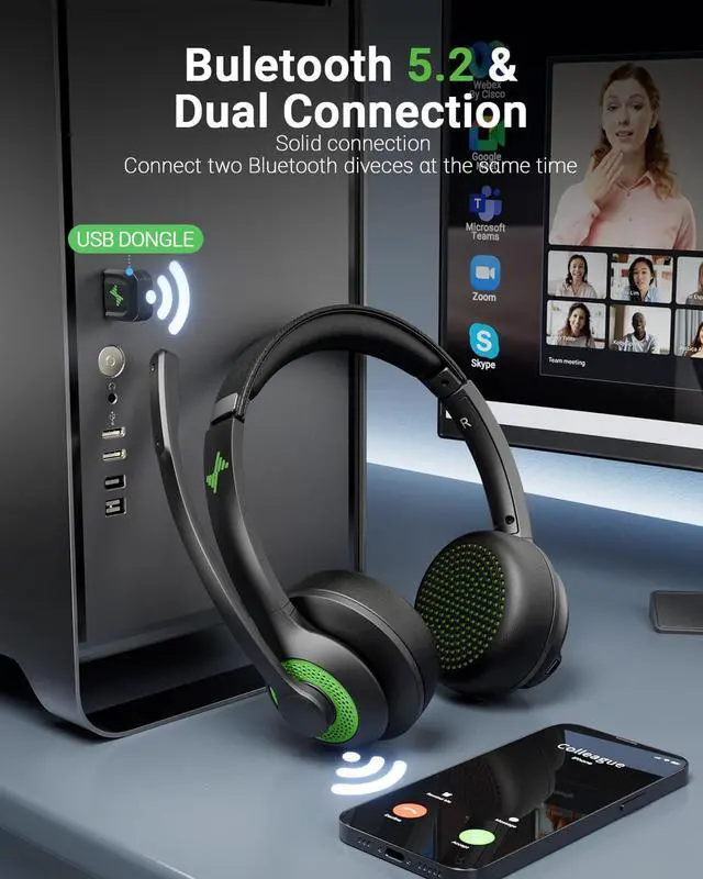 Alt view image 2 of 6 - Wireless Headset with AI Noise Cancelling Microphone Bluetooth Headset - Bluetooth V5.2 Headphones with USB Dongle & Mic Mute for Computer/Laptop/PC/iPhone/Android/Cell Phones/Zoom-Green