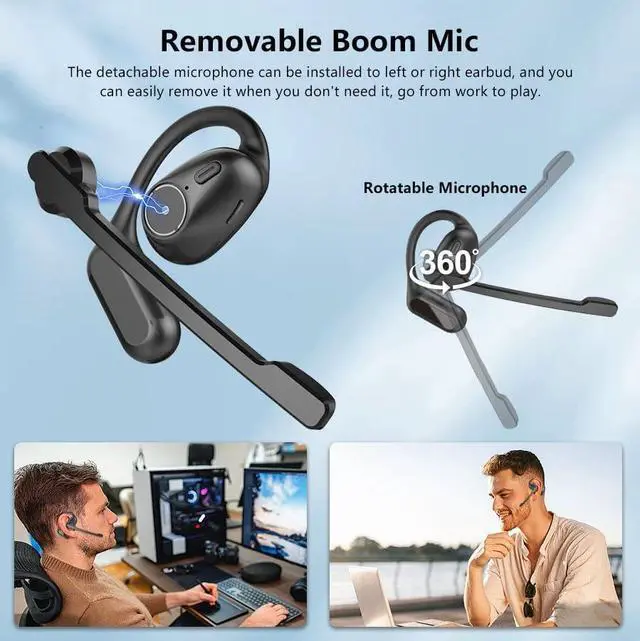 Alt view image 3 of 7 - Bluetooth 5.4 Headset w/Detachable Microphone, Open Ear Headphones w/DSP Noise Canceling Mic & Mute for Call, Multipoint Wireless Earbuds w/Charging Case for Office Home Work Driving Travel