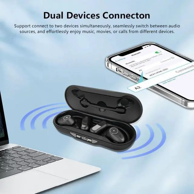 Alt view image 6 of 7 - Bluetooth 5.4 Headset w/Detachable Microphone, Open Ear Headphones w/DSP Noise Canceling Mic & Mute for Call, Multipoint Wireless Earbuds w/Charging Case for Office Home Work Driving Travel