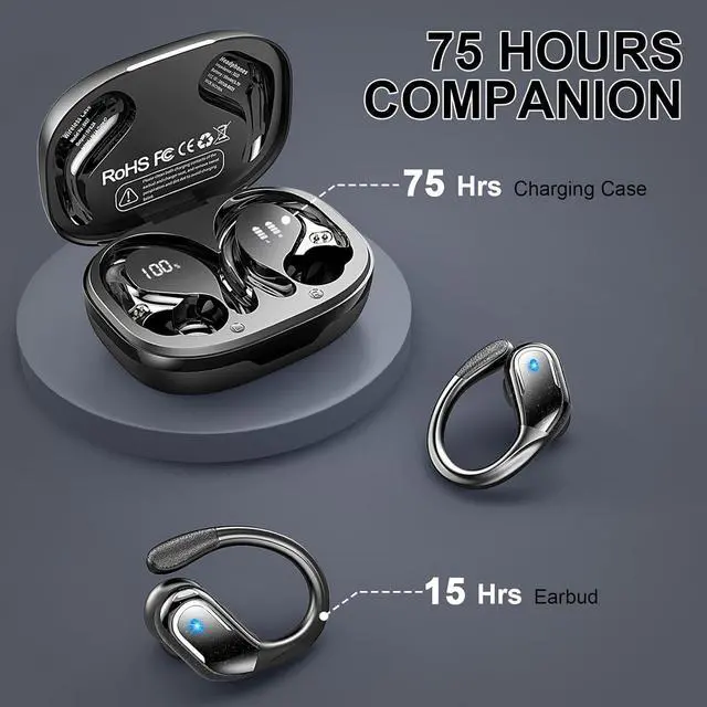 Alt view image 3 of 7 - Wireless Earbuds Sport, Bluetooth 5.4 Headphones 2024 Bluetooth Earbuds with 75Hrs Stereo, 4 ENC Mic, Over-Ear Buds with Earhooks Noise Canceling Earphones , IP7 Waterproof Headset for Workout/Running