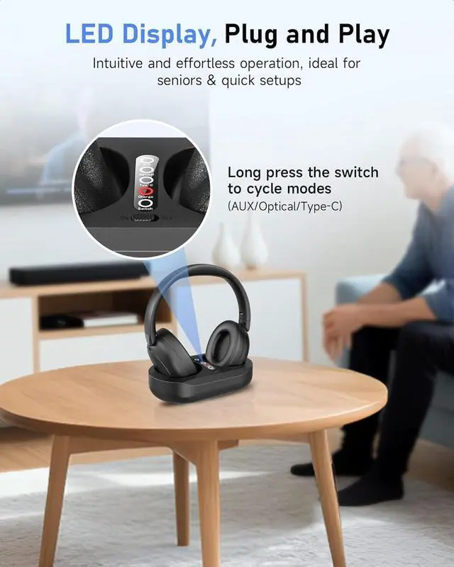 Alt view image 4 of 7 - Wireless Headphones for TV Watching - Manual-Select Screen Transmitter & LED Charging Dock, Zero Latency, 100ft - 2.4G & Bluetooth Headset for Samsung/LG/Sony TVs, Seniors, Hard of Hearing