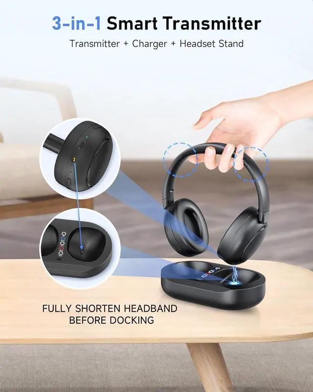 Alt view image 6 of 7 - Wireless Headphones for TV Watching - Manual-Select Screen Transmitter & LED Charging Dock, Zero Latency, 100ft - 2.4G & Bluetooth Headset for Samsung/LG/Sony TVs, Seniors, Hard of Hearing