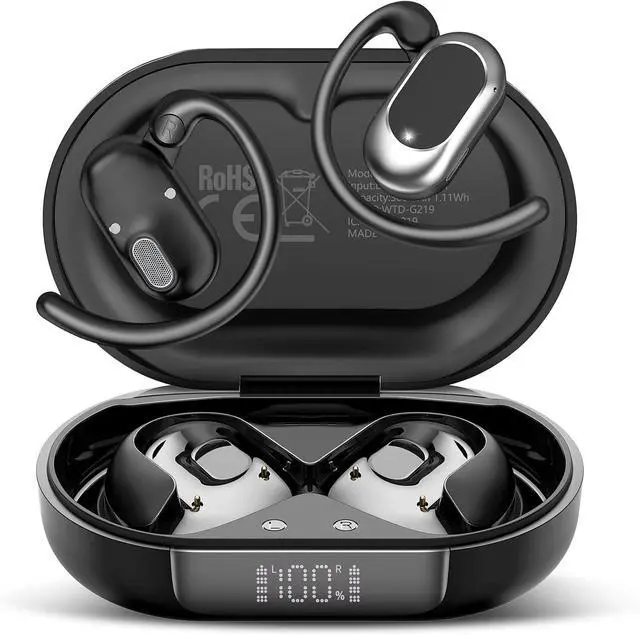 Main image of Open Ear Headphones, Bluetooth 5.4 Earphones 36H Playtime Air Conduction Headphones with Mic, Adjustable Earhook Earbuds with ENC Clear Calls/LED Display, IPX7 Waterproof Open Ear Earbuds Black