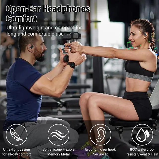 Alt view image 3 of 7 - Open Ear Headphones, Bluetooth 5.4 Earphones 36H Playtime Air Conduction Headphones with Mic, Adjustable Earhook Earbuds with ENC Clear Calls/LED Display, IPX7 Waterproof Open Ear Earbuds Black