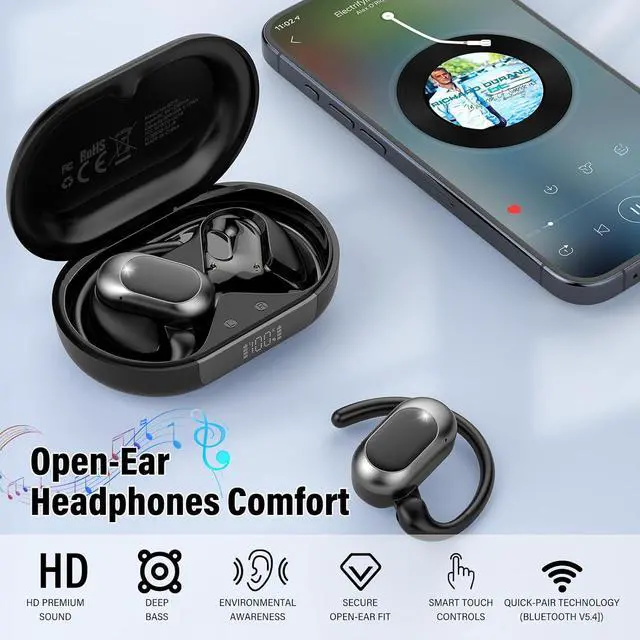 Alt view image 4 of 7 - Open Ear Headphones, Bluetooth 5.4 Earphones 36H Playtime Air Conduction Headphones with Mic, Adjustable Earhook Earbuds with ENC Clear Calls/LED Display, IPX7 Waterproof Open Ear Earbuds Black