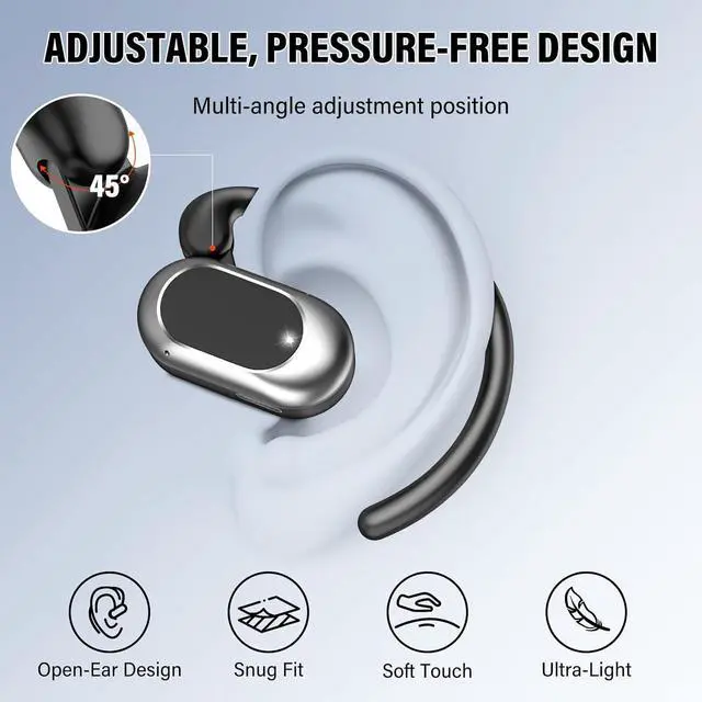 Alt view image 6 of 7 - Open Ear Headphones, Bluetooth 5.4 Earphones 36H Playtime Air Conduction Headphones with Mic, Adjustable Earhook Earbuds with ENC Clear Calls/LED Display, IPX7 Waterproof Open Ear Earbuds Black