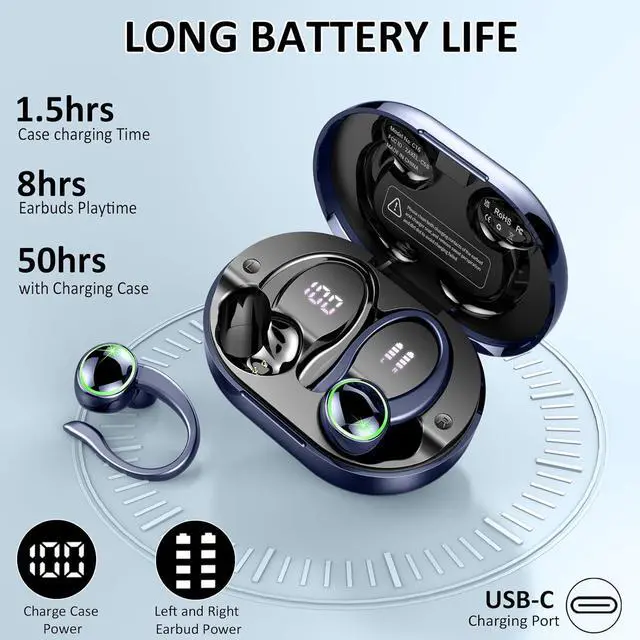 Alt view image 3 of 7 - Wireless Earbuds, Bluetooth 5.4 Headphones Sports, 50H Playback Over-Ear Buds with ENC Noise Cancelling Mic, Deep Bass Fitness Earphones with Earhooks, IP7 Waterproof Headset for Running, Blue