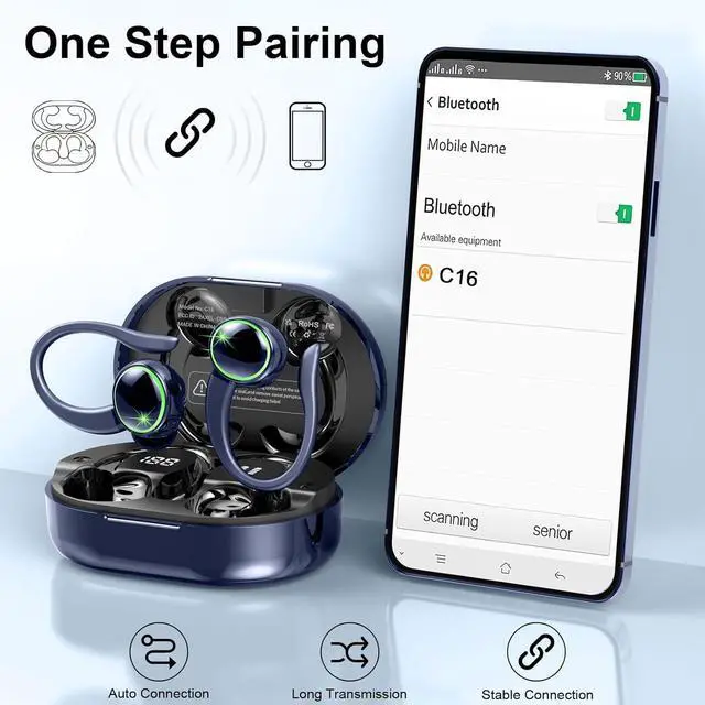 Alt view image 4 of 7 - Wireless Earbuds, Bluetooth 5.4 Headphones Sports, 50H Playback Over-Ear Buds with ENC Noise Cancelling Mic, Deep Bass Fitness Earphones with Earhooks, IP7 Waterproof Headset for Running, Blue