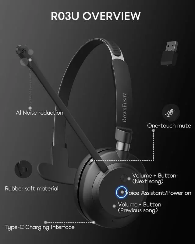 Alt view image 2 of 7 - Wireless Headset with Mic, Bluetooth 5.3 Mono Computer Headphones for Work, Bluetooth Headsets with USB Dongle & Noise Reduction Microphone for PC, Phone, Laptop, Office, Home
