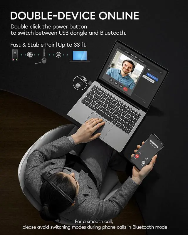 Alt view image 3 of 7 - Wireless Headset with Mic, Bluetooth 5.3 Mono Computer Headphones for Work, Bluetooth Headsets with USB Dongle & Noise Reduction Microphone for PC, Phone, Laptop, Office, Home