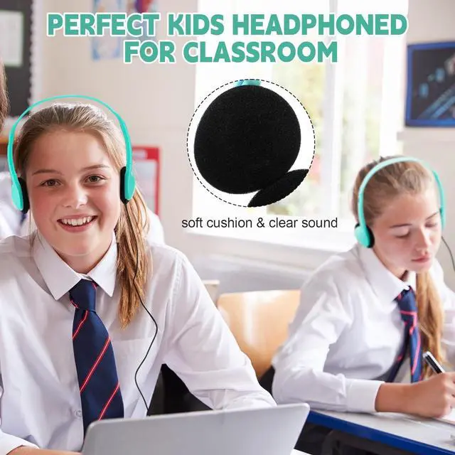 Alt view image 4 of 7 - Konohan 30 Pack Kids Headphones Bulk for School Classroom Student Wired Headphones Adjustable with 3.5 mm Jack for Kids Adults(Emerald Green)