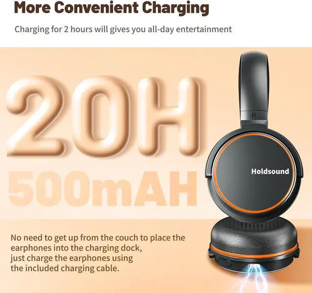 Alt view image 6 of 7 - Holdsound Wireless Headphones for TV Watching, BKM600 TV Headphones Wireless with Bluetooth USB Transmitter, Instant Audio Sync, Plug and Play, Higher Volume, 165ft Range,Ideal Gift for Elderly,Orange
