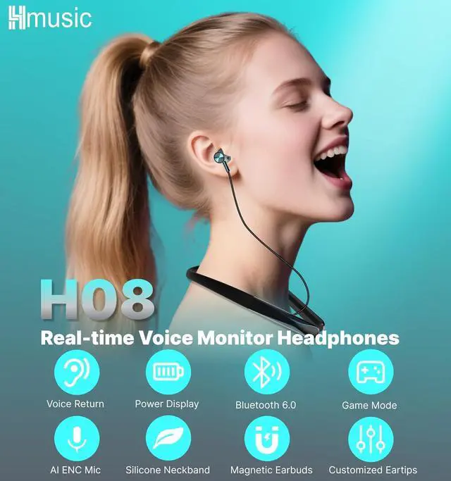 Alt view image 2 of 7 - Hmusic H08 Neckband Headphones Bluetooth 6.0,Wireless Neckband Earbuds,Voice Return Mic,35H Battery Life,IPX5 Waterproof,Power Display,Call Alerts,Around the Neck Magnetic Earphones for Singing,Sports
