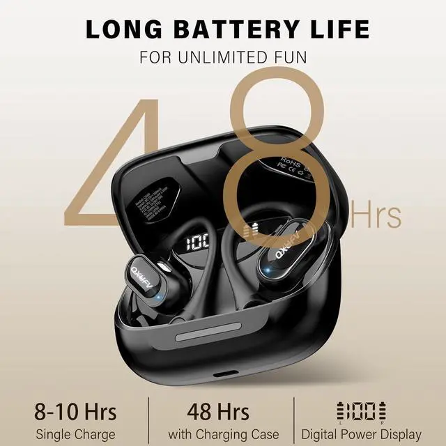 Alt view image 5 of 7 - Open Ear Headphones, Bluetooth 5.4 Headphones Sports, Premium Sound with HD Mic Wireless Earbuds, 48H Playtime LED Power Display Ear Buds, IPX7 Lightweight Comfort Earphones for Running, Working