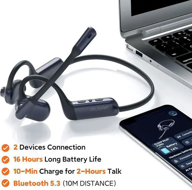 Alt view image 4 of 7 - Pilot P200b Pro Wireless Headset with Mic for Work,50dB AI Noise Cancelling Microphone Headphones for Call,Bluetooth 5.3 Open Ear Computer Headset with Microphone for WFH,Mobile Office,Meetings