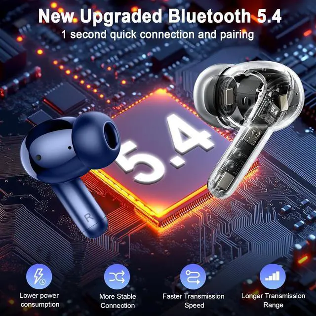 Alt view image 2 of 7 - Wireless Earbuds, 2025 Bluetooth 5.4 Headphone 3D Bass Hi-Fi Stereo Ear Buds, 4 ENC Noise Cancelling Mic, 40H 3g USB-C in-Ear Earphone, IP7 Waterproof Workout Sport for Laptop Pad Android iOS, Blue